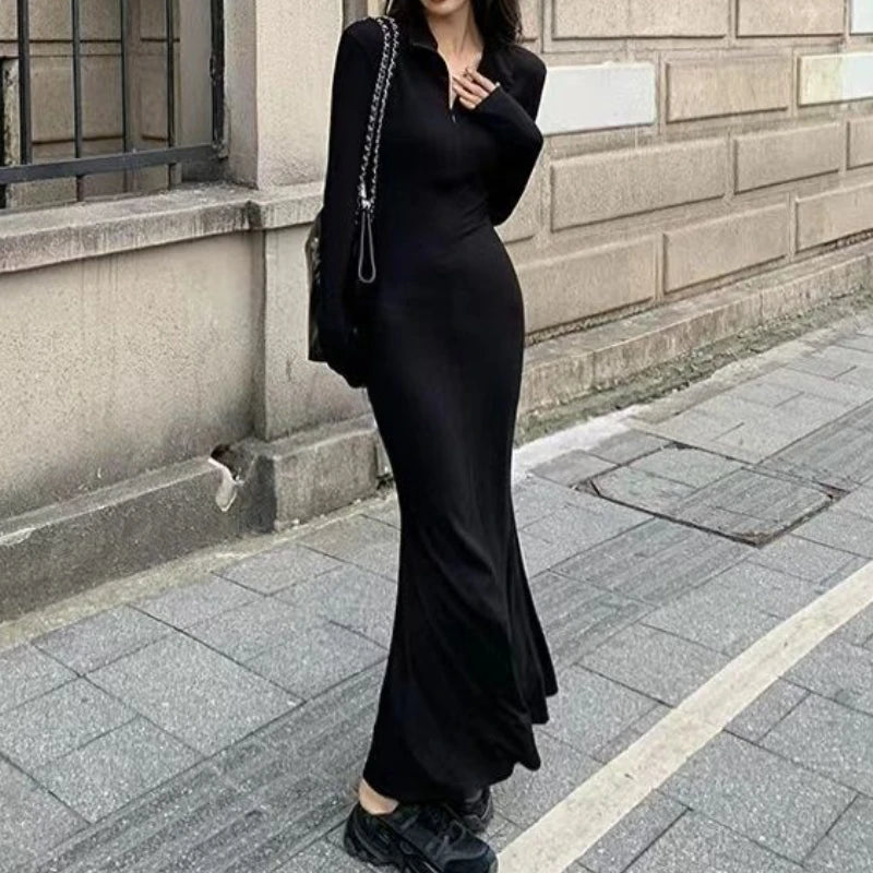 Women Basic Long Sleeve Dresses Zipper V-neck Pure Black Maxi Fashion Street Modern Sexy Female Spring Autumn Graceful Simple