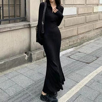 Women Basic Long Sleeve Dresses Zipper V-neck Pure Black Maxi Fashion Street Modern Sexy Female Spring Autumn Graceful Simple