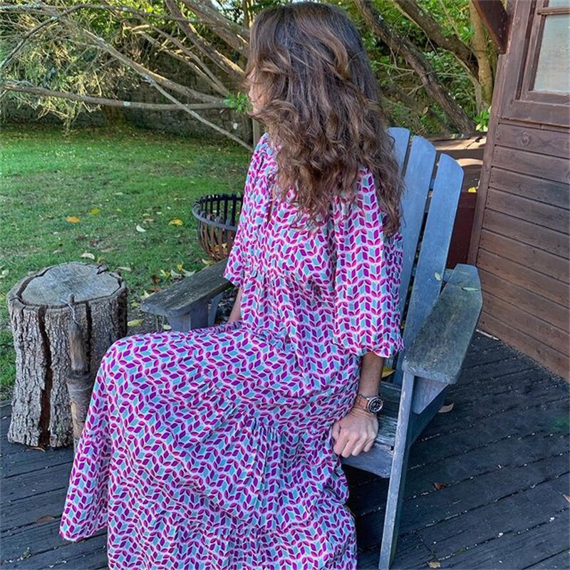 Women Puff Sleeve Dress 2023 New Summer Elegant Boho Holiday Beach Dress Vestidos Female Casual Floral Half Sleeve V-Neck Dress