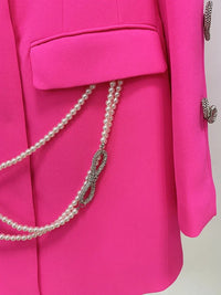 HIGH STREET Newest 2025 Designer Stylish Fashion Women's Pearls Chain Diamonds Beaded Hollow Out Bow Sleeve Blazer Dress