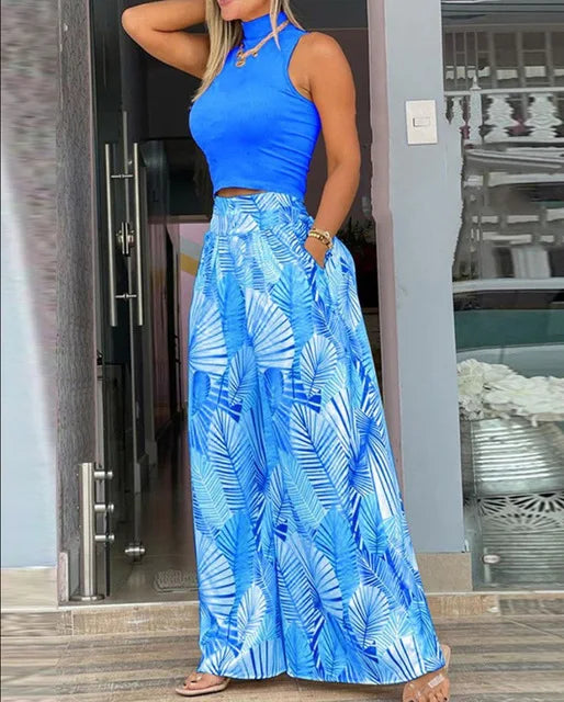 2026 Summer Fashion Printing Two Piece Set Women Casual Solid Sleeveless Tank Top Wide Leg Pants Two Piece Set Women