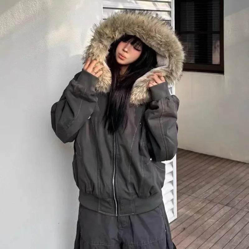 Winter Street Fashion Fur Collar White Zipper Hooded Short Jacket Women Casual Thicken Warm Coat Y2k Harajuku Sweet Outwear New