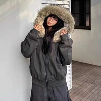 Winter Street Fashion Fur Collar White Zipper Hooded Short Jacket Women Casual Thicken Warm Coat Y2k Harajuku Sweet Outwear New