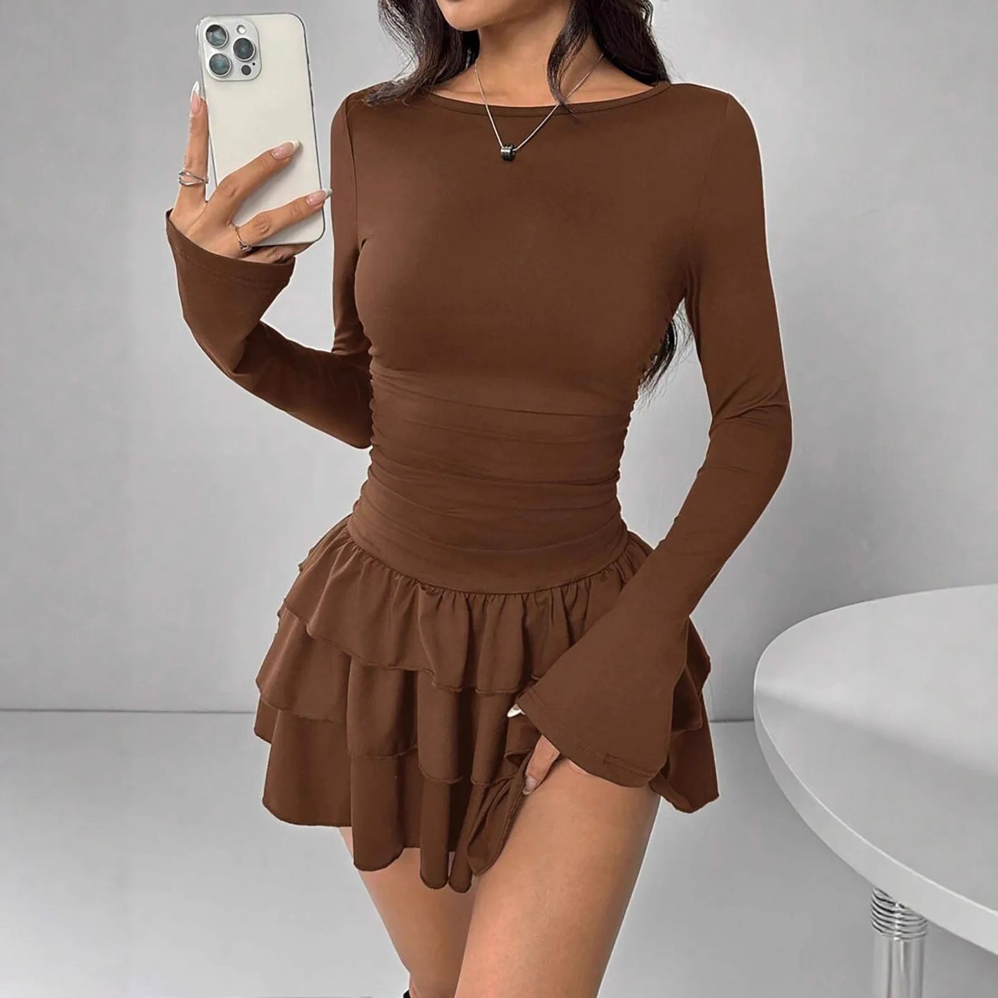 Temperament Dresses 2025 Woman Mini vestidos Simple Style Elegant French Bodycon Slim Pleated Fashion Long Sleeve Commuting Sexy