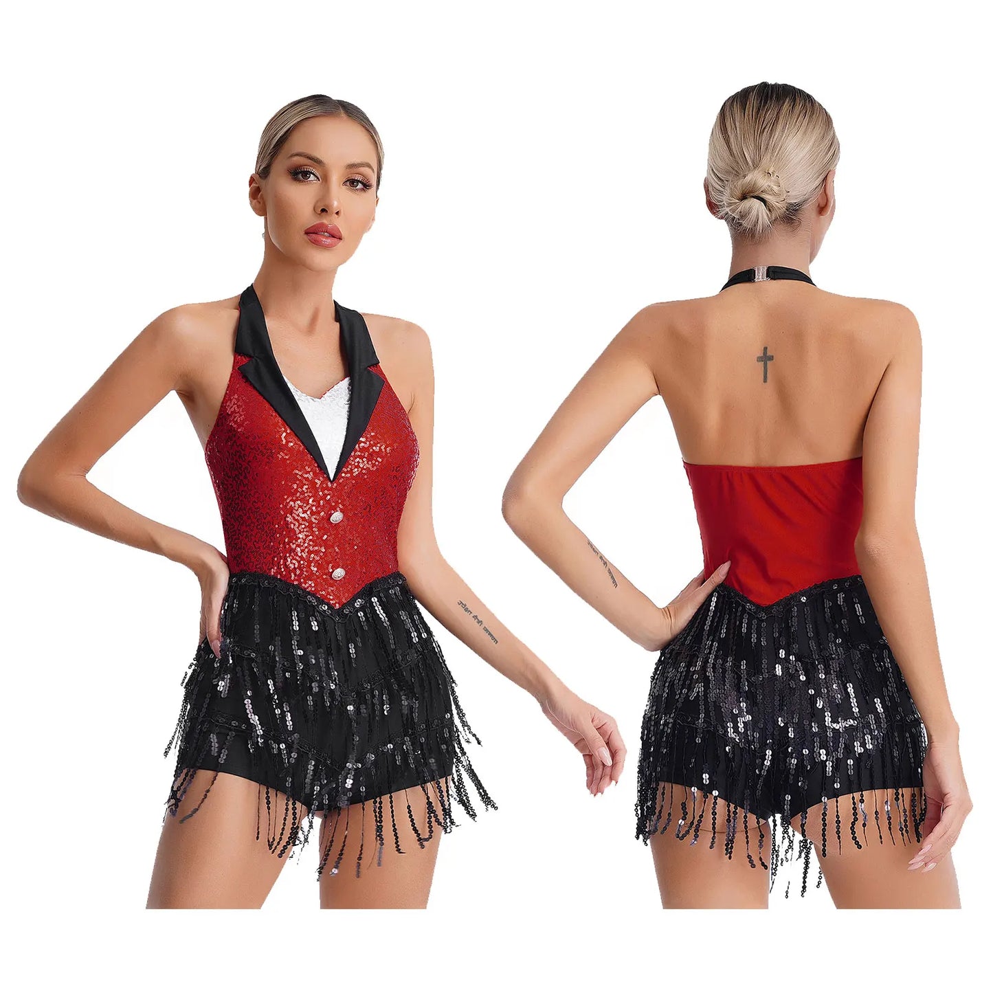 Womens Tassel Jazz Latin Dance Leotard Performance Costume Halter Backless Sparkly Sequins Fringe Jumpsuit Sleeveless Dancewear