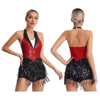 Womens Tassel Jazz Latin Dance Leotard Performance Costume Halter Backless Sparkly Sequins Fringe Jumpsuit Sleeveless Dancewear