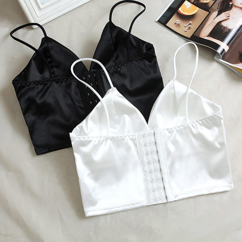 Sexy Satin Crop Tops Women Wireless Bralette Crochet Top Female Spaghetti Strap T-shirt Cropped With Chest Padded Camisole