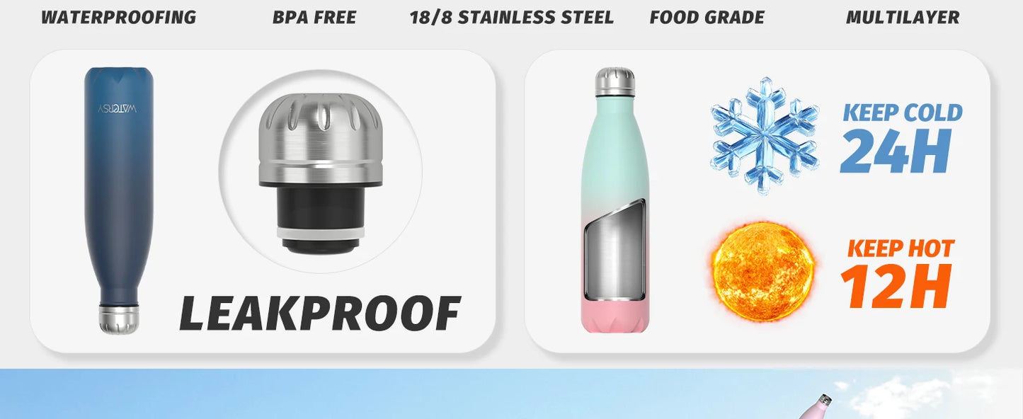 WATERSY 500ml Insulated Water Bottle, Stainless Steel Thermal Leakproof Flask, BPA-Free Double Walled Vacuum Bottle for Sports