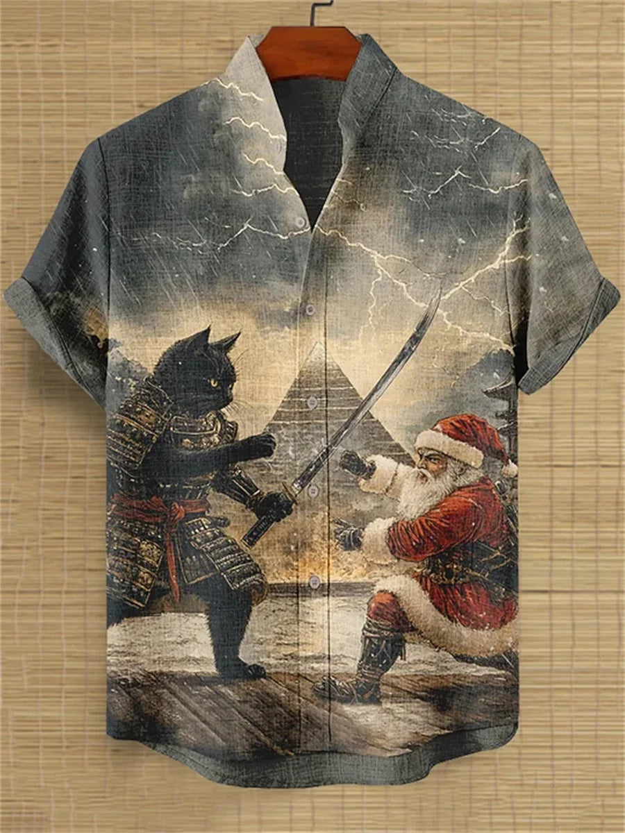 Men's Cat Print Short-Sleeve Shirt, Stand Collar Retro Casual Top, Breathable Slim Fit Shirt, Outdoor Casual Hawaiian Shirt