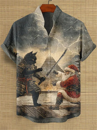 Men's Cat Print Short-Sleeve Shirt, Stand Collar Retro Casual Top, Breathable Slim Fit Shirt, Outdoor Casual Hawaiian Shirt