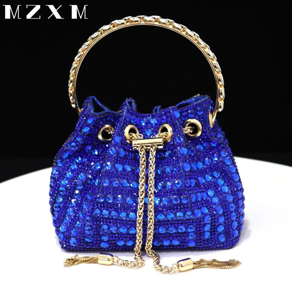 Rhinestones Women Evening Bags Bucket Design Party Day Clutch Soft Mixed Color Handle Design Handbags Purse Mature