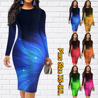 2022 New Autumn Winter Women Temperament Dress Sexy Round Neck Tight Skirt Long Sleeve Skirt Retro Printing Knee-length Skirt