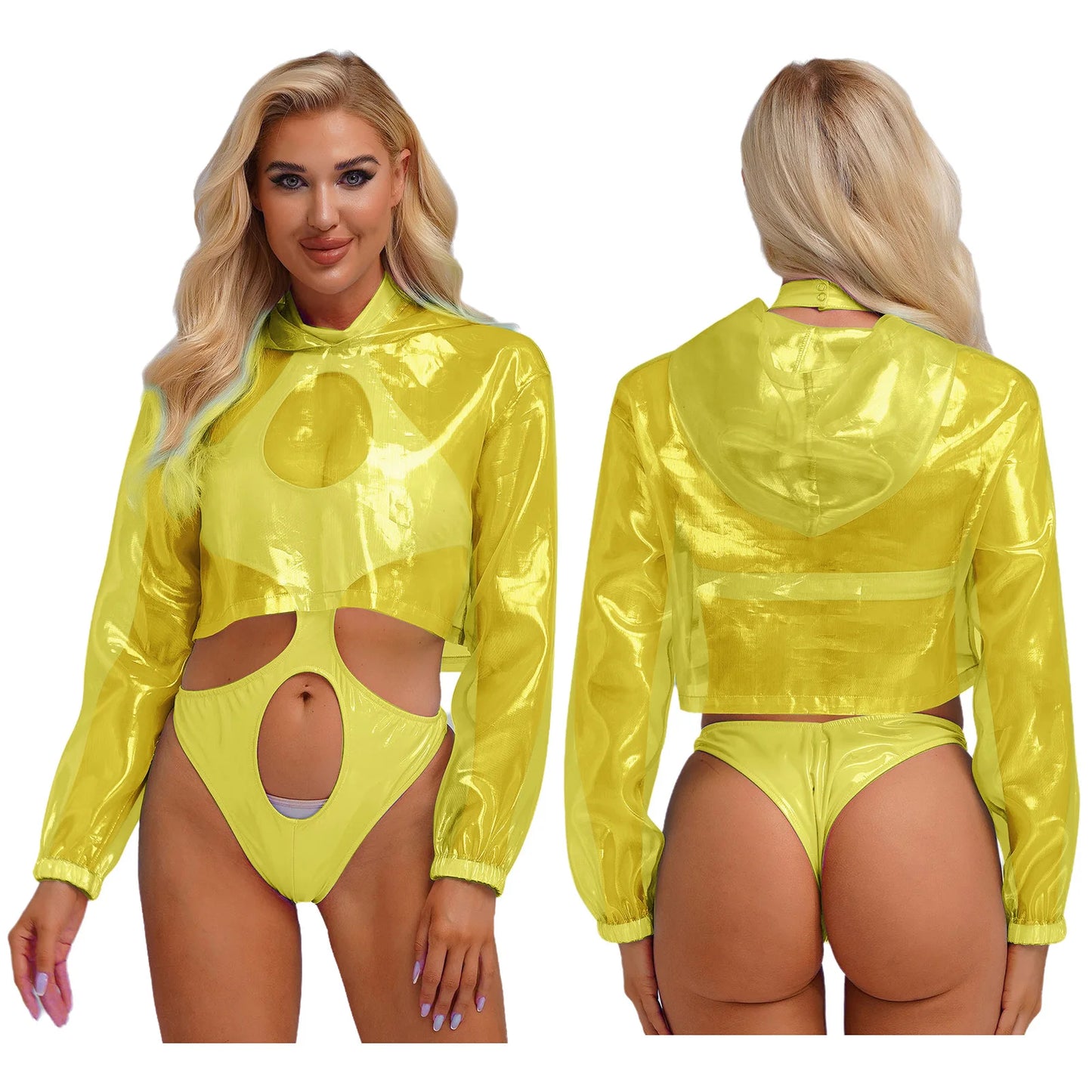 Womens Sparkly Transparent Hooded Top Holographic Long Sleeve Cropped Tee Shirts Festival Rave Outfits Pullover Hoodie Clubwear