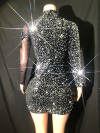 Sequin Mesh See-through Splice Party Dress Elegant Sweet Style A-line Short Skirt Long Sleeve Crystal Beaded Gown