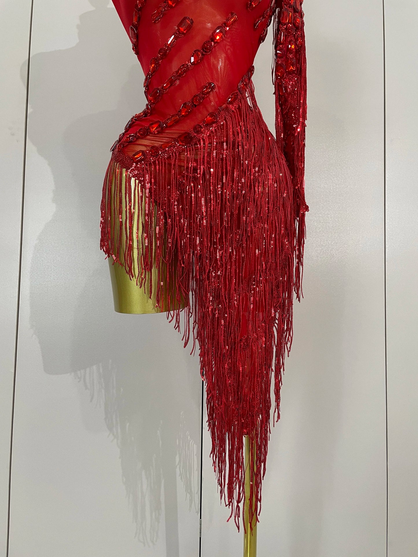 STOCK Sparkly Rhinestones Tassel Sexy See-Through Dress Women One Shoulder Latin Dance Outfits Bar Nightclub Party Stage Costume