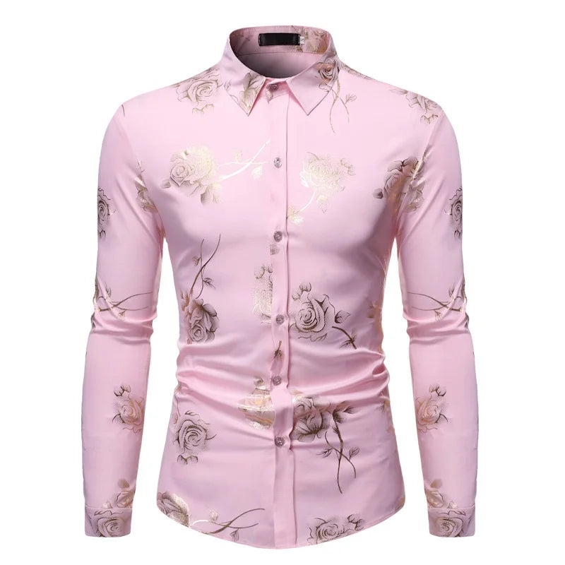 Mens Gold Rose Floral Print Shirts Brand Floral Steampunk Chemise White Long Sleeve Wedding Party Bronzing Camisa Masculina New