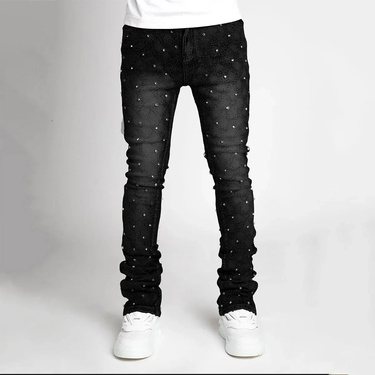 Men Denim Fashion Individualistic Straight-leg Men Trousers European and American Fashion Elastic Pearl Denim Layered Long Pants