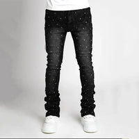 Men Denim Fashion Individualistic Straight-leg Men Trousers European and American Fashion Elastic Pearl Denim Layered Long Pants