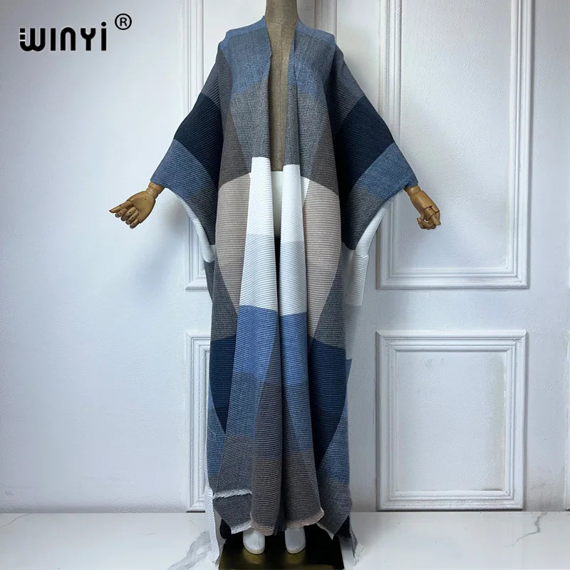 WINYI winter stripe printing cotton Pleated dress Beach Wear elegant Africa women Cardigan Hot Bohemian holiday party Kimono