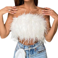 Sexy Feather Strapless Tank Tops Women Summer Party Club Sleevelss Fluffy Fashion Tops Female 2022