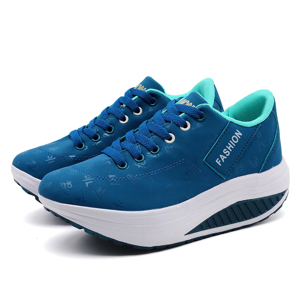 Ladies Casual Sports Shoes Breathable Comfortable Wedge Heel Thick Sole Sneakers Lace-up shoes