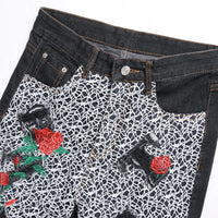 Men Cross Embroidery Denim Shorts Summer Flower Rose Embroidered Breeches Fashion Spider Web Letters Black Straight Jeans