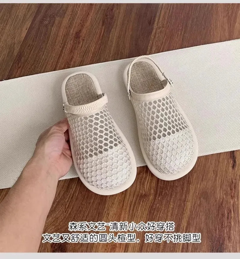 Women's Slippers 2026 Spring and Autumn Fashion Casual Round Head Baotou Thin Bottom Breathable Mesh Home Indoor Slippers