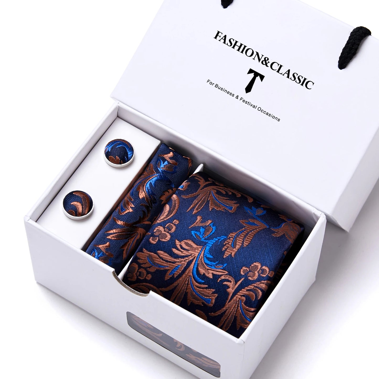 High Quality 7.5 cm Stripe Blue Tie Pocket Square Cufflinks Set For Men Gift Box Wedding Gravatas Fit Workplace