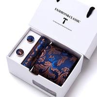 High Quality 7.5 cm Stripe Blue Tie Pocket Square Cufflinks Set For Men Gift Box Wedding Gravatas Fit Workplace