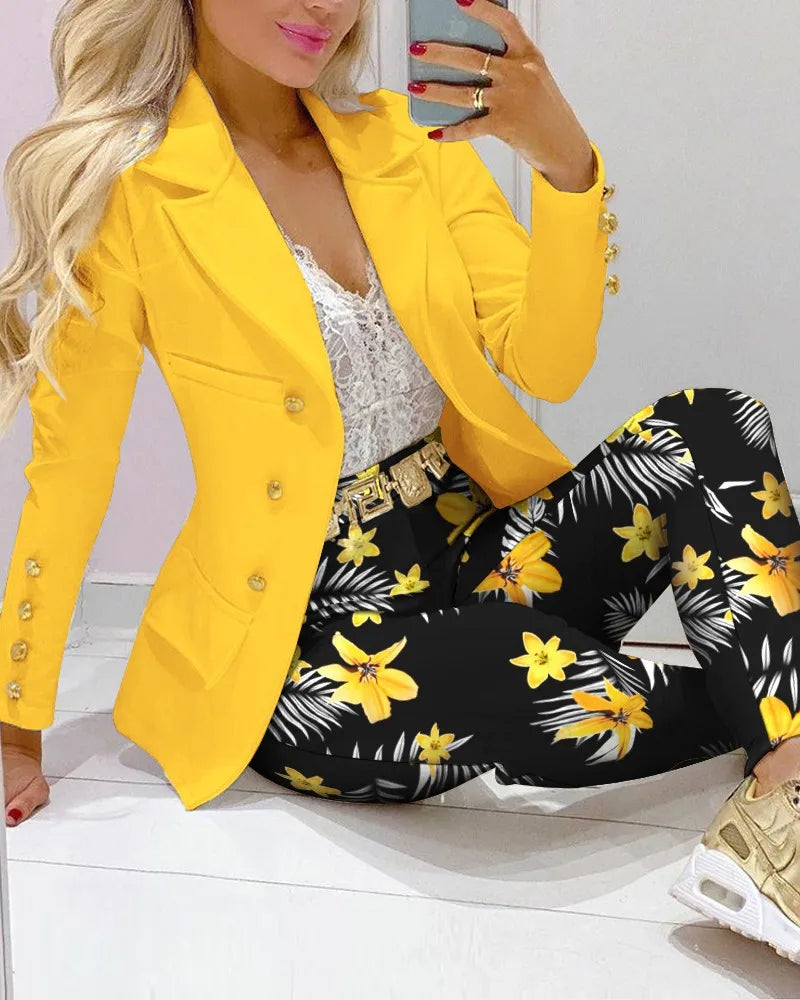 2022 Femme Formal Jacket & Trousers Office Lady Outfits Autumn Women two Pieces set Chain Print Blazer Coat & Pants Suit Sets