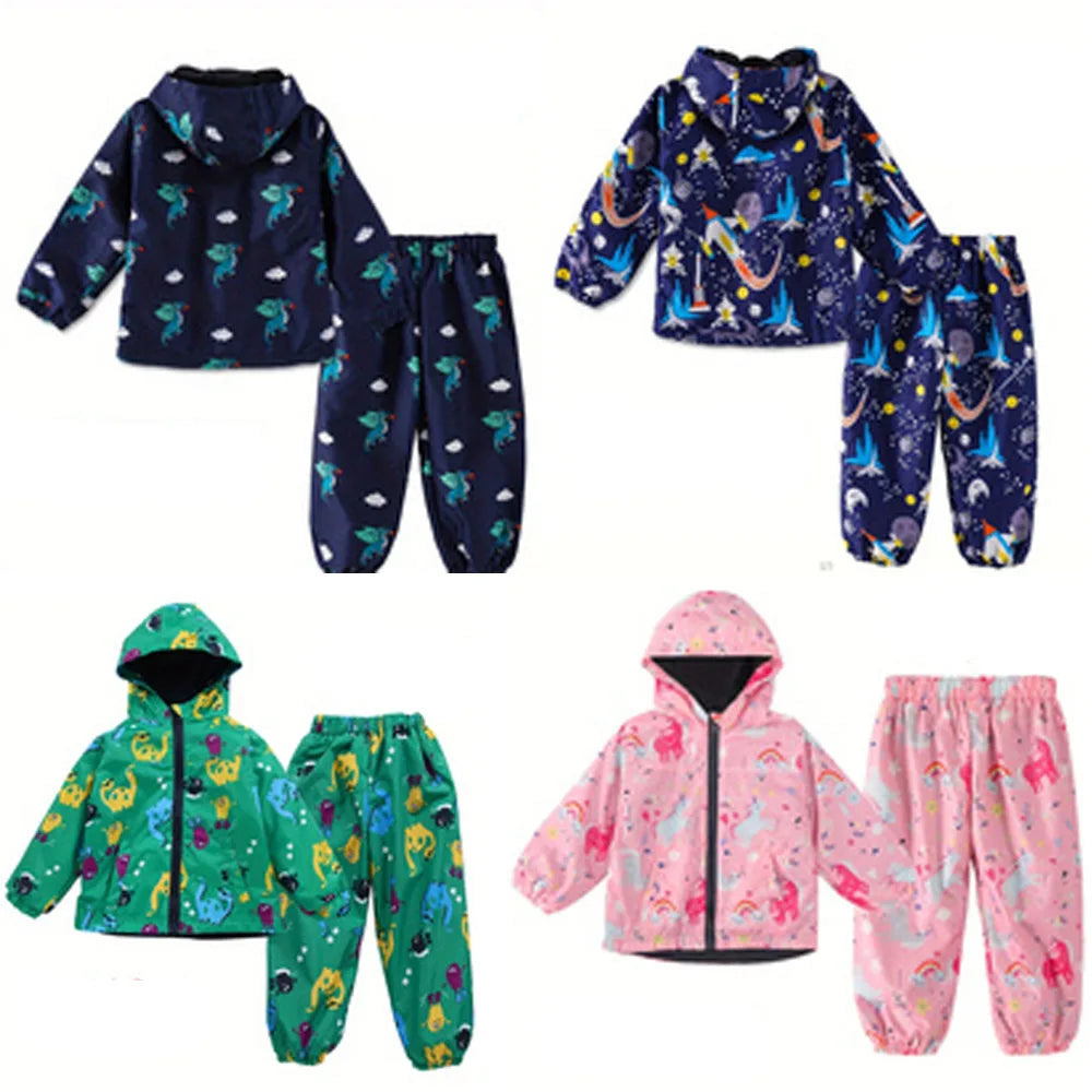 Children's Clothing Sets Cartoon Raincoat Suit Girls Boys Sets Waterproof Top and Pants 2pcs For Kids Hooded Jacket And Trousers