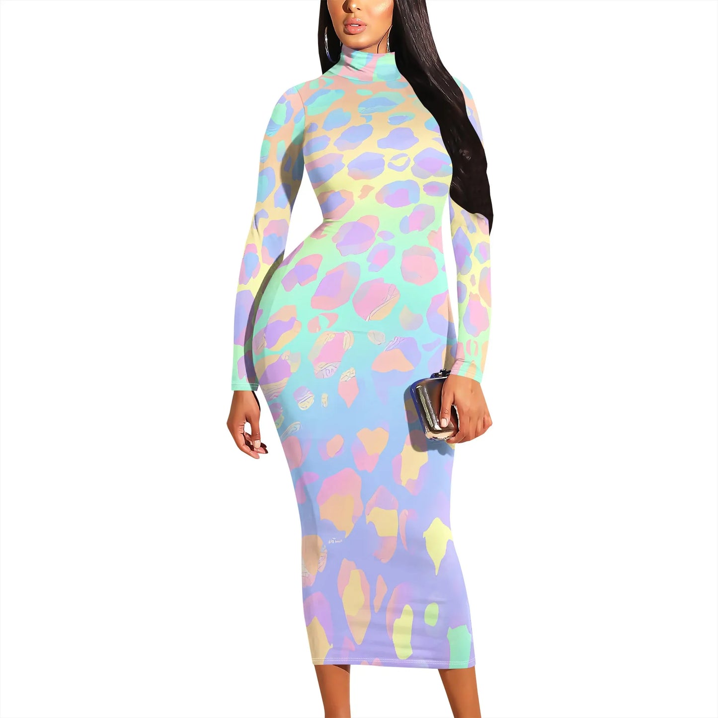 Pastel Leopard Print Bodycon Dress Long Sleeve Y2K Style for Music Festival or Party