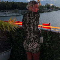 Suninheart Hollow Out Long Sleeve Cocktail Dress for Women 2025 Winter Stand Collar Club Party Dresses Lace Elegant Dresses