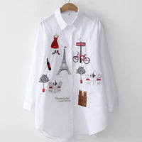 2024 New White Shirt Casual Button Up Turn Down Collar Female Blouse Long Sleeve Cotton Blouse Embroidery Blouse Lady 5083 50
