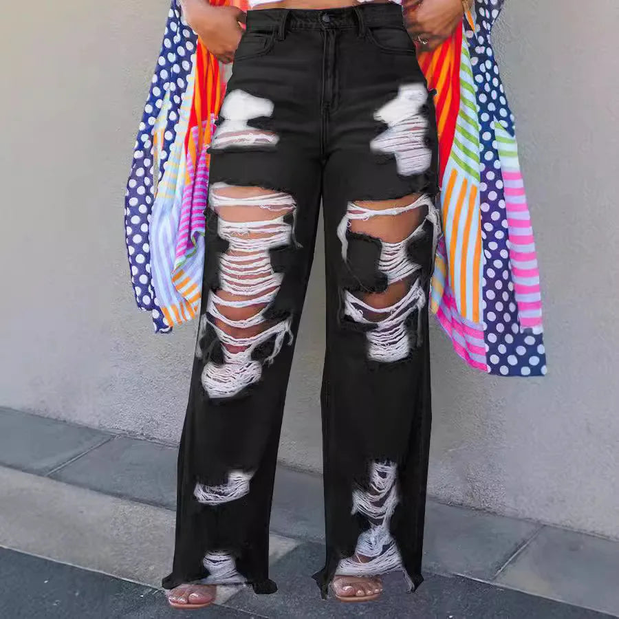 Hole Jeans for Women Ripped Straight Pants Mid Waist Distressed Washed Pockets Vintage Denims 2025 Streetwear Female Trousers