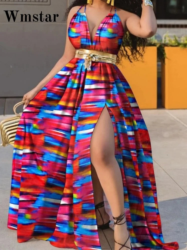 Wmstar Plus Size Dress Women Wholesale Deep V Neck Dot Print Long Dress with A Sexy Slit and A Big Swing,paired with A Belt