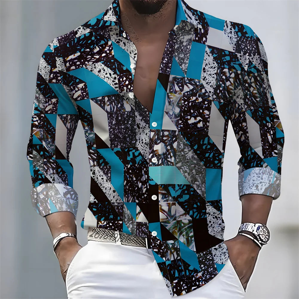 Men's Retro Color-Blocked Floral Print Long-Sleeve Shirt with Paisley Pattern Design, Casual Top for Spring and Autumn