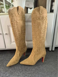 Slip On Winter Long Booties Sexy Pointed Toe Flannel Boats Embroidered Leather Knee-High Boots Women High Heels Designer Style
