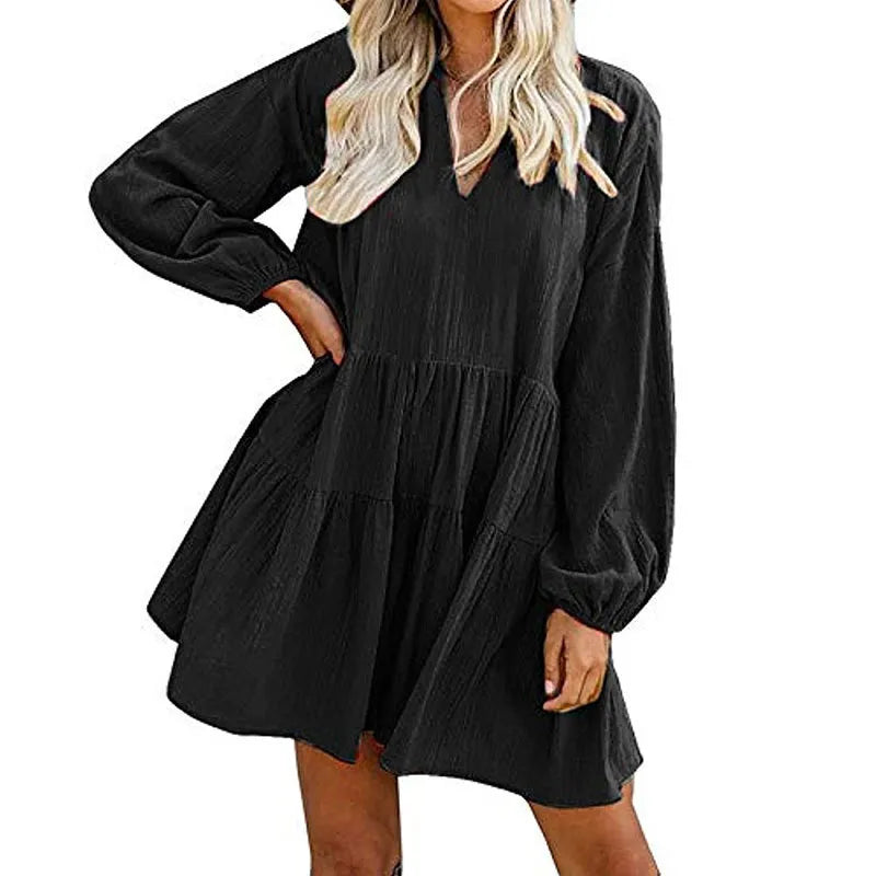 Fashion V-neck Loose Dress Fall Winter Long Sleeve Dress Lantern Sleeve Dress European and American  Woman Dress  Dresses