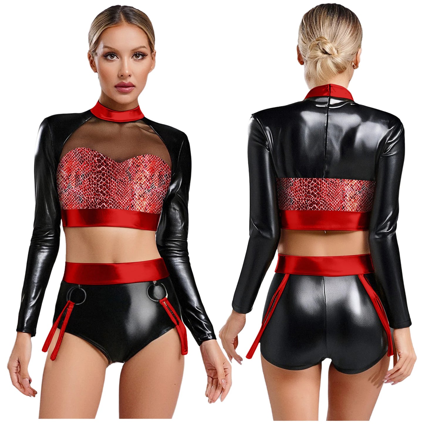 2Pcs Rave Outfits for Womens Shiny Metallic Snakeskin Print Mesh Tank Crop Top with Hot Short Club Pole Dancing Wear Outfits
