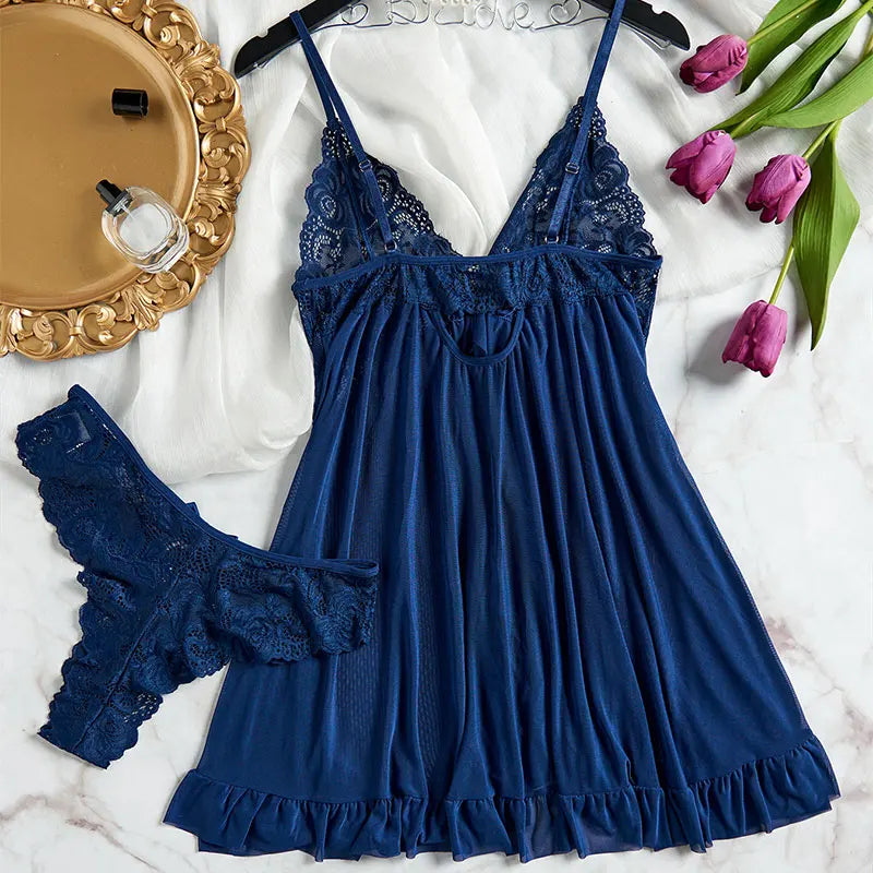 Blue Tulle Suspenders Lace V-Neck Nightdress for Women Lingerie Underwear Transparent Mini Dress Thong Set Nightgowns