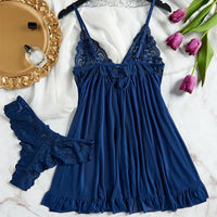 Blue Tulle Suspenders Lace V-Neck Nightdress for Women Lingerie Underwear Transparent Mini Dress Thong Set Nightgowns