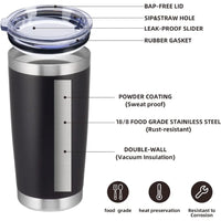 20oz Insulated Tumblers with Lid Stainless Steel Double Wall Tumbler Travel Coffee Cups Powder Coated Tapered Metal Thermal Mug