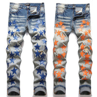 Men’s slimming denim pants light luxury stars embroidery jeans trendy ripped casual jeans street fashion jeans pants men;