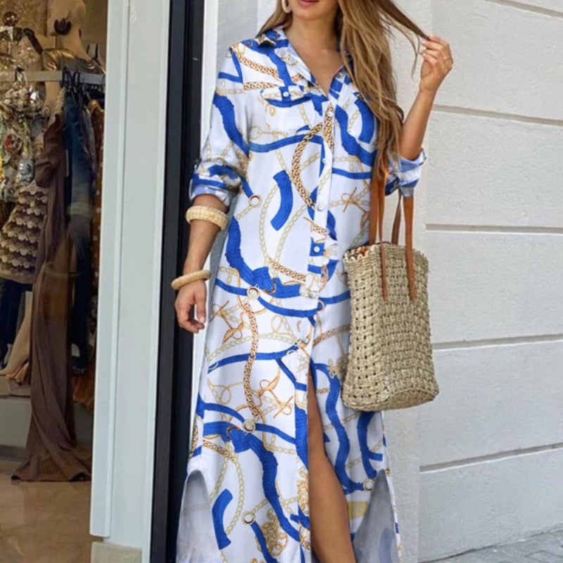 Women Long Sleeve Shirt Dress Summer Casual Boho Printed Dresses Fashion Single Breasted Button Party Female Maxi Dress Vestidos