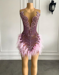 Luxury Sexy See Through Beaded  Crystals Birthday Party Short Prom Dress Feather African Women Pink Cocktail Dresses 2023