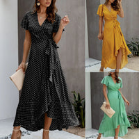 Ladies Bohemian Polka Dot Chiffon Dress Sexy V Neck Short Sleeve Split Maxi Sundress Summer Wrap Dresses For Women