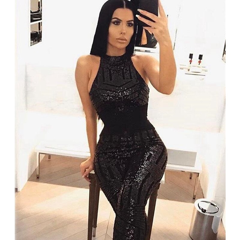 Summer Women's Sparkling Halter Party Jumpsuit 2023 New Women Sexy Gold Sequin Jumpsuit Body Ladies Overalls Club Mesh Jumpsuit