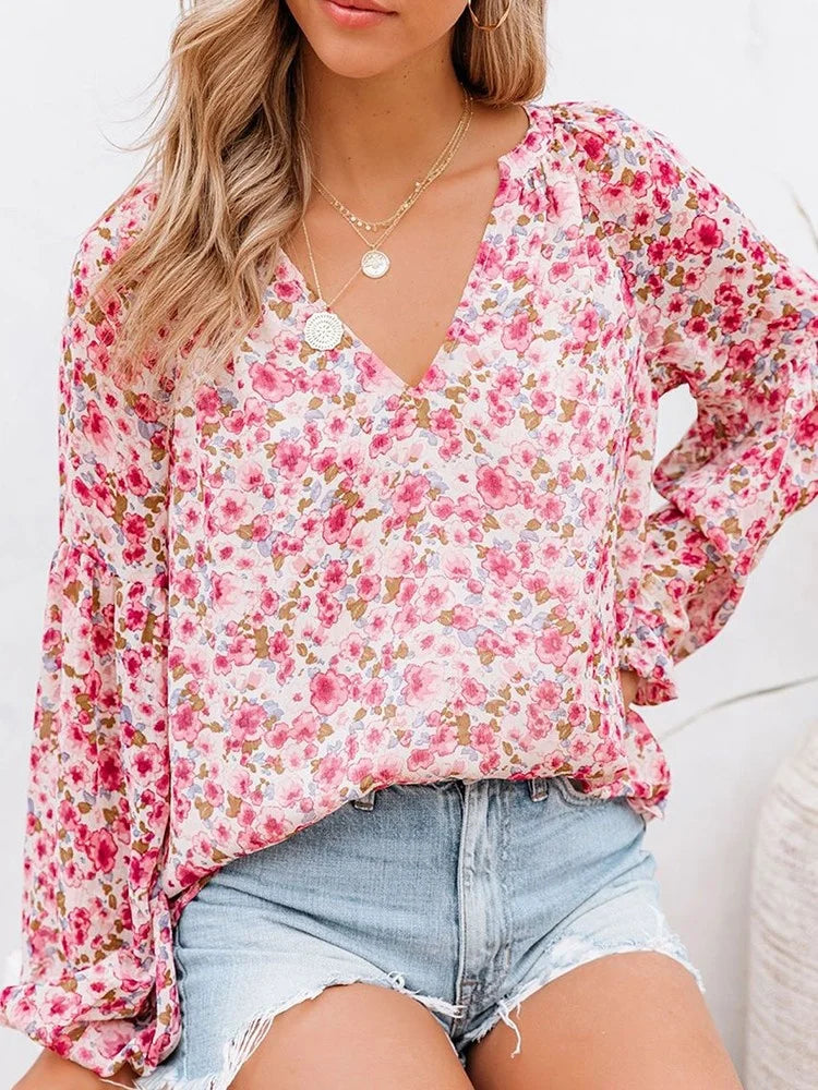 Summer Floral Women Blouses And Tops Fashion V Neck Long Sleeve Elegant Office Work Lady Shirts Plus Size Casual Chiffon Blouse