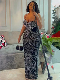 New Luxury Sparkly Crystal Rhinestone Pearl Celebrities Gown Brown Dress Woman Strap Evening Party Birthday Prom Wedding Vestido